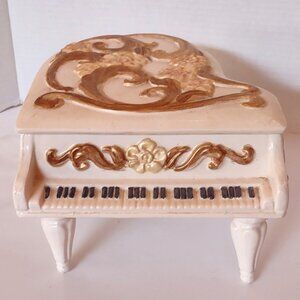 Vintage Grand Piano Ceramic Jewelry Box Large Cream Gold